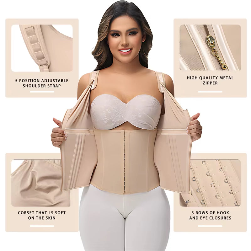 Shapewear Women Colombian Fajas Waist Trainer Tummy Control Vest Body Shaper 17 Steel Bones 3-Row Hooks Zipper Adjustable Strap