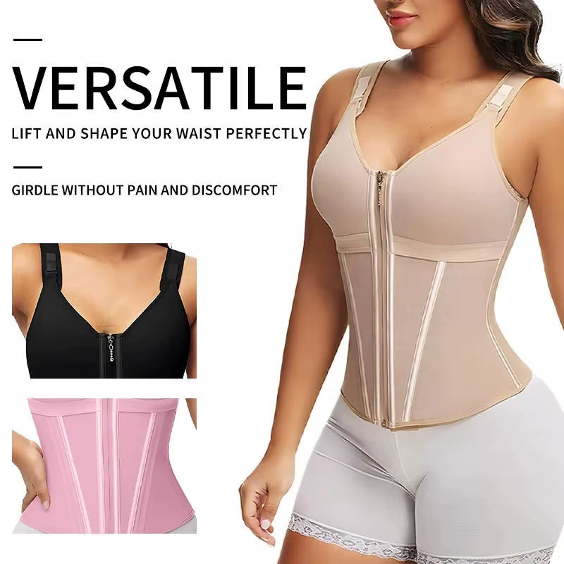 Shapewear Women Colombian Fajas Waist Trainer Tummy Control Vest Body Shaper 17 Steel Bones 3-Row Hooks Zipper Adjustable Strap