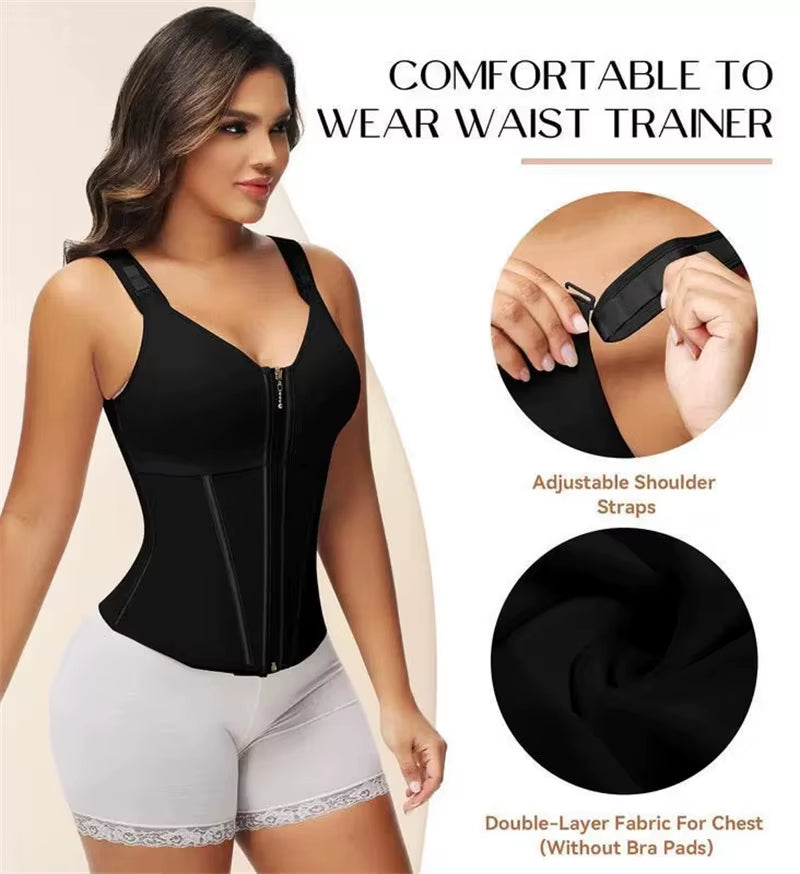 Shapewear Women Colombian Fajas Waist Trainer Tummy Control Vest Body Shaper 17 Steel Bones 3-Row Hooks Zipper Adjustable Strap